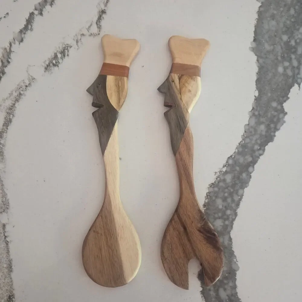 Vintage Hand-Carved Wooden Salad Server Set | Folk Art Chef Face Handles | 12